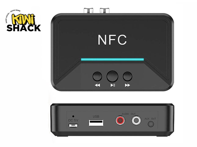 A black NFC Bluetooth audio receiver shown from the top and back perspectives against a white background, featuring playback buttons, a glowing status line, DC 5V power port, USB port, RCA audio out jacks, and an AUX out port, with the "Kiwi Shack" logo in the upper left corner.