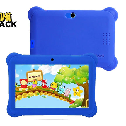 Blue children's tablet with colorful screen displaying cartoon characters, branded 'Kiwi Shack'.