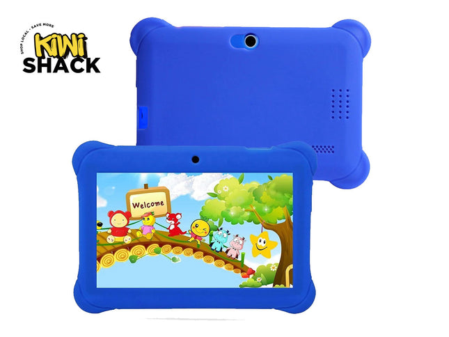 Blue children's tablet with colorful screen displaying cartoon characters, branded 'Kiwi Shack'.