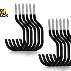 A set of black heavy-duty wall-mounting utility storage hooks featuring threaded screw ends and protective curved arms against a white background, featuring the "Kiwi Shack" logo in the upper left corner.