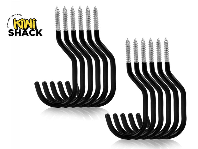 A set of black heavy-duty wall-mounting utility storage hooks featuring threaded screw ends and protective curved arms against a white background, featuring the "Kiwi Shack" logo in the upper left corner.
