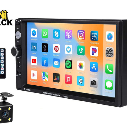 A double-DIN car stereo touchscreen multimedia player with a remote control and a backup camera, featuring the "Kiwi Shack" logo in the top-left corner.