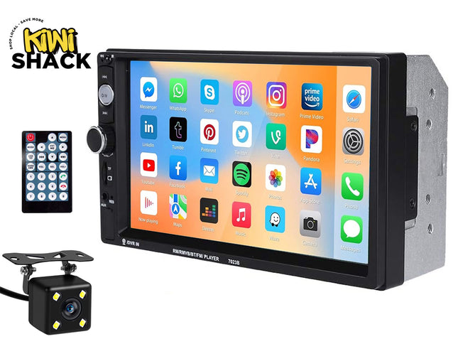A double-DIN car stereo touchscreen multimedia player with a remote control and a backup camera, featuring the "Kiwi Shack" logo in the top-left corner.