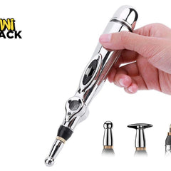 A handheld silver electronic acupuncture pen with an LCD display and interchangeable massage heads, held in a person's hand, featuring the "Kiwi Shack" logo in the top-left corner.
