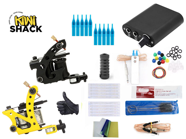 Tattoo kit components arranged on a white background, including a black and yellow tattoo machine, blue cartridge tips, a black battery, gloves, needles, ink cups, cords, and other tattooing accessories. The Kiwi Shack logo appears in the top left.