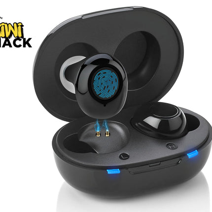 Black wireless earbuds with charging case on a white background, featuring the Kiwi Shack logo.