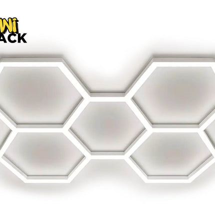 Modern hexagonal LED ceiling light fixture featuring a cluster of five interlocking illuminated geometric frames against a white background, with Kiwi Shack logo in top left.