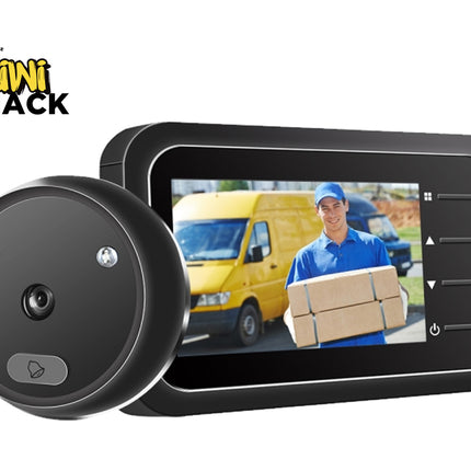 A black smart video doorbell with an attached round motion/temperature sensor, shown on a white background with a Kiwi Shack logo in the top-left corner. The screen displays a video call of a delivery man with a yellow van.