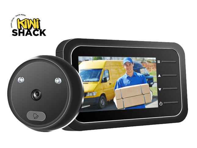 A black smart video doorbell with an attached round motion/temperature sensor, shown on a white background with a Kiwi Shack logo in the top-left corner. The screen displays a video call of a delivery man with a yellow van.