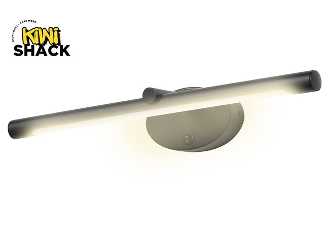 Kiwi Shack modern black wall-mounted LED picture light and vanity mirror fixture with built-in power switch.