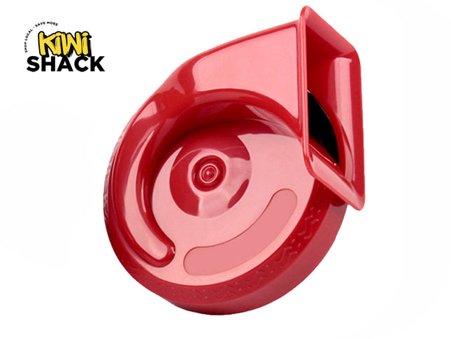 A glossy red snail-type car horn set against a white background, featuring the "Kiwi Shack" logo in the top left corner.