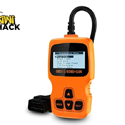 An orange OBDII scanner with a black cable and diagnostic connector, shown on a white background with a Kiwi Shack logo in the top-left corner.