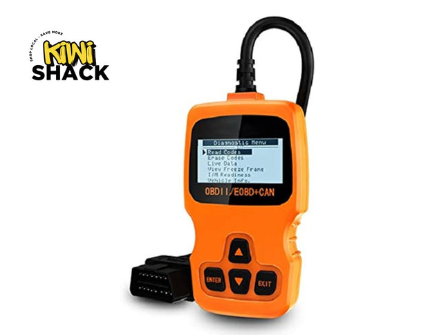 An orange OBDII scanner with a black cable and diagnostic connector, shown on a white background with a Kiwi Shack logo in the top-left corner.