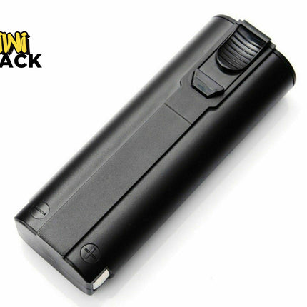 A black rechargeable battery pack with a sliding latch mechanism and terminal markings, featuring the "Kiwi Shack" logo in the top-left corner.