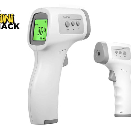 Infrared thermometer with digital display on a white background, branded 'Kiwi Shack'.