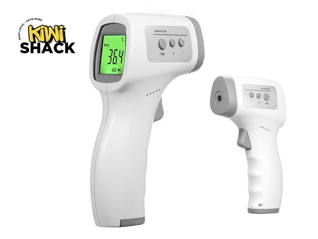 Infrared thermometer with digital display on a white background, branded 'Kiwi Shack'.