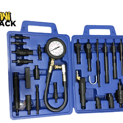 Mechanical pressure testing kit with gauge in a blue case, branded 'Kiwi Shack'.
