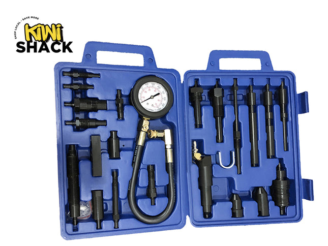 Mechanical pressure testing kit with gauge in a blue case, branded 'Kiwi Shack'.