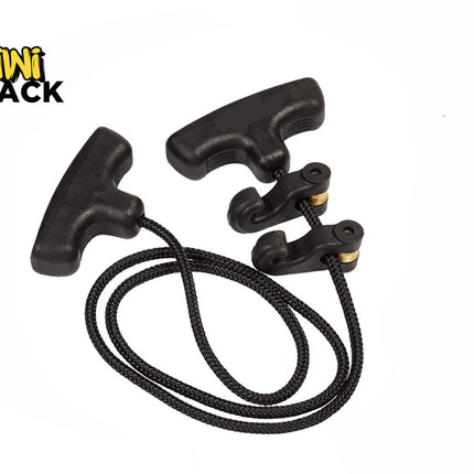 A black kayak deck cargo bungee cord rigging kit with T-handle pulls and attachment hooks, featuring the "Kiwi Shack" logo in the top-left corner.