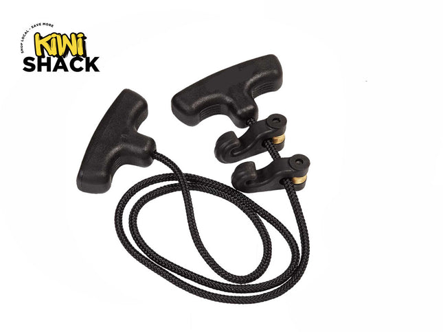 A black kayak deck cargo bungee cord rigging kit with T-handle pulls and attachment hooks, featuring the "Kiwi Shack" logo in the top-left corner.