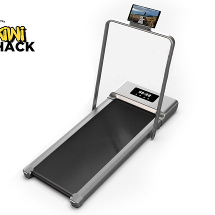Portable treadmill with a screen on a white background, featuring the Kiwi Shack brand.