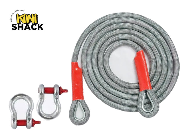 A coiled gray synthetic rope with red wrapped end sections and metal eye hooks, shown on a white background with two matching metal shackles. The Kiwi Shack logo appears in the upper left.