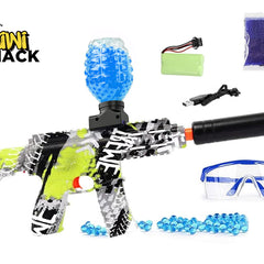 Toy gun with blue gel balls, safety goggles, and accessories on a white background with 'Kiwi Shack' branding.