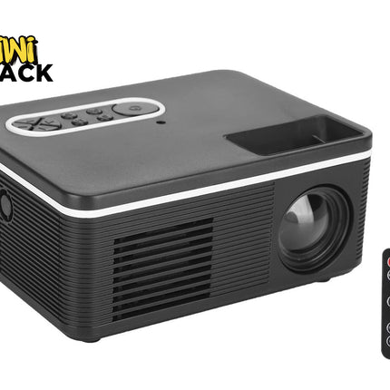 Black projector with remote control on a white background, featuring the Kiwi Shack logo.