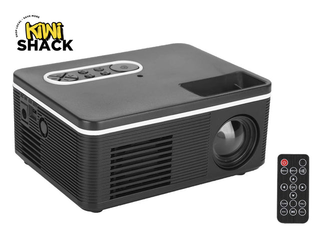 Black projector with remote control on a white background, featuring the Kiwi Shack logo.
