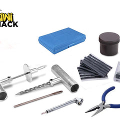 A heavy-duty tubeless tire repair kit including T-handle insertion and spiral probe tools, rubber repair strips, valve cores, a jar of sealant, a tire pressure gauge, pliers, and a blue storage box against a white background, featuring the "Kiwi Shack" logo in the upper left corner.