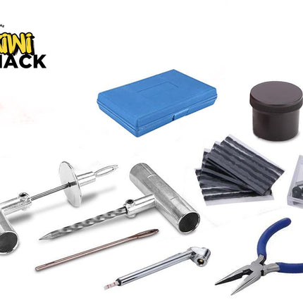 A heavy-duty tubeless tire repair kit including T-handle insertion and spiral probe tools, rubber repair strips, valve cores, a jar of sealant, a tire pressure gauge, pliers, and a blue storage box against a white background, featuring the "Kiwi Shack" logo in the upper left corner.