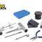 A heavy-duty tubeless tire repair kit including T-handle insertion and spiral probe tools, rubber repair strips, valve cores, a jar of sealant, a tire pressure gauge, pliers, and a blue storage box against a white background, featuring the "Kiwi Shack" logo in the upper left corner.