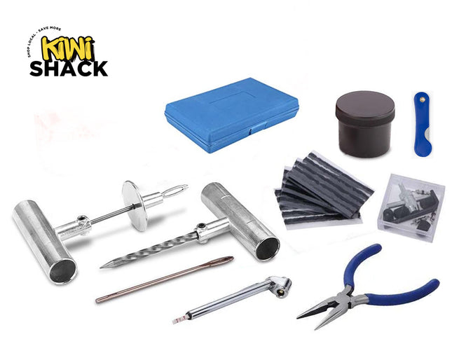 A heavy-duty tubeless tire repair kit including T-handle insertion and spiral probe tools, rubber repair strips, valve cores, a jar of sealant, a tire pressure gauge, pliers, and a blue storage box against a white background, featuring the "Kiwi Shack" logo in the upper left corner.