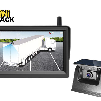Trailer view monitor system with camera and display on a white background, featuring Kiwi Shack brand.