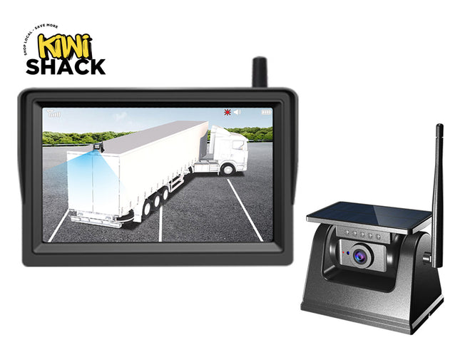 Trailer view monitor system with camera and display on a white background, featuring Kiwi Shack brand.
