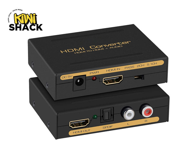 HDMI converter with audio outputs on a white background, branded as Kiwi Shack.