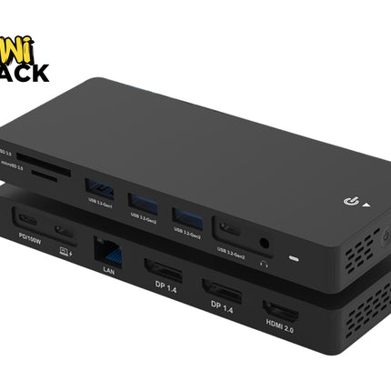Black multi-port USB hub with multiple ports on a white background, featuring the Kiwi Shack logo.