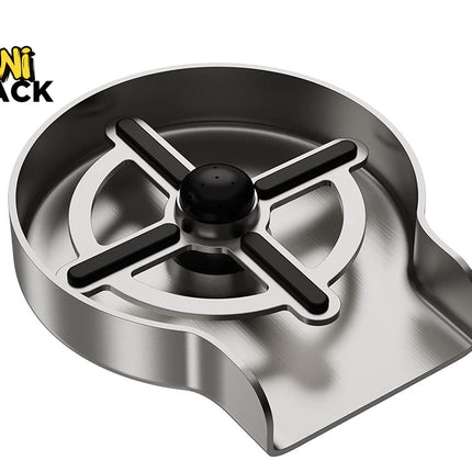 A stainless steel dog water bowl with a black central spout and black outer spout accents, shown on a white background with the Kiwi Shack logo in the top-left corner.