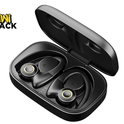 Black wireless earbuds in an open charging case on a white background, with a Kiwi Shack logo in the top-left corner.