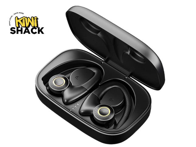 Black wireless earbuds in an open charging case on a white background, with a Kiwi Shack logo in the top-left corner.