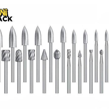 A set of metallic rotary burr bits in various shapes and sizes, arranged in a row on a plain white background. The Kiwi Shack logo is visible in the top-left corner.