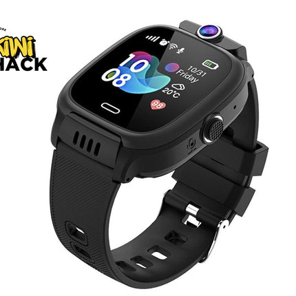 Black smartwatch with a textured silicone strap and a colorful digital display, shown on a white background with a Kiwi Shack logo in the top-left corner.