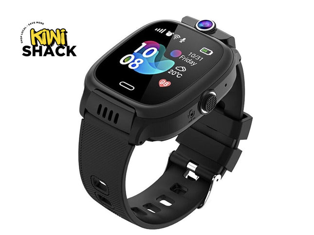 Black smartwatch with a textured silicone strap and a colorful digital display, shown on a white background with a Kiwi Shack logo in the top-left corner.
