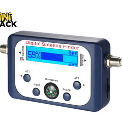 A blue digital satellite finder device with an LCD screen reading "59%", control buttons, a built-in compass, and connection ports on the sides against a white background, featuring the "Kiwi Shack" logo in the upper left corner.