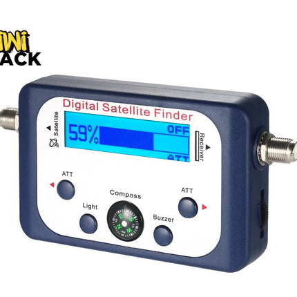 A blue digital satellite finder device with an LCD screen reading "59%", control buttons, a built-in compass, and connection ports on the sides against a white background, featuring the "Kiwi Shack" logo in the upper left corner.