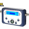 A blue digital satellite finder device with an LCD screen reading "59%", control buttons, a built-in compass, and connection ports on the sides against a white background, featuring the "Kiwi Shack" logo in the upper left corner.