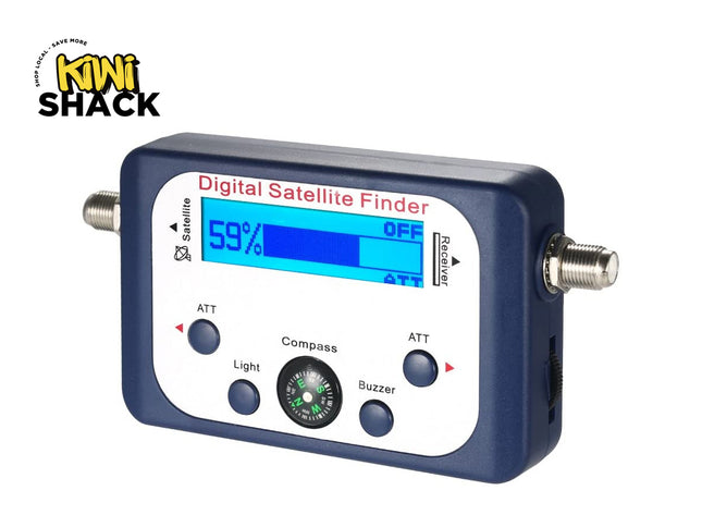 A blue digital satellite finder device with an LCD screen reading "59%", control buttons, a built-in compass, and connection ports on the sides against a white background, featuring the "Kiwi Shack" logo in the upper left corner.