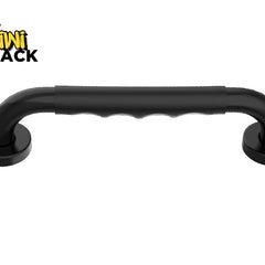 Matte black safety grab bar/handle with a contoured rubber grip section in the center and round flanged mounting bases at each end, featuring Kiwi Shack logo in top left.