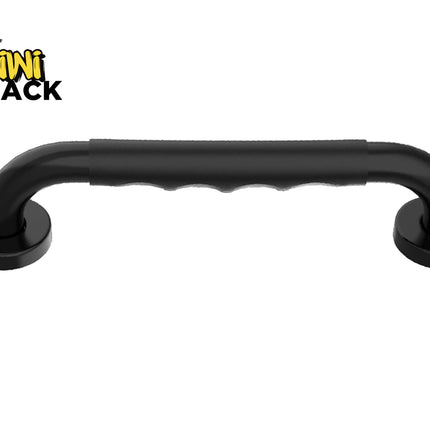 Matte black safety grab bar/handle with a contoured rubber grip section in the center and round flanged mounting bases at each end, featuring Kiwi Shack logo in top left.