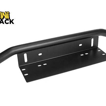 Kiwi Shack heavy-duty black steel front license plate relocation bracket and off-road light mounting bar.